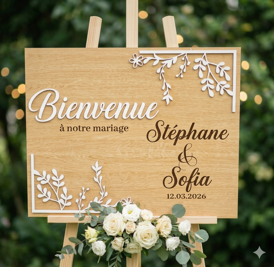 Panneau Bienvenue à notre mariage gravé | L'Atelier Gravure Nice