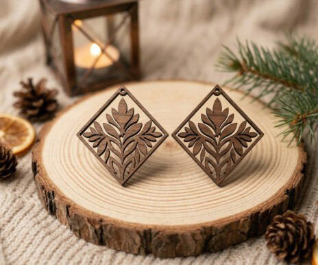 Boucles d'oreilles en bois losange – Motif feuillage