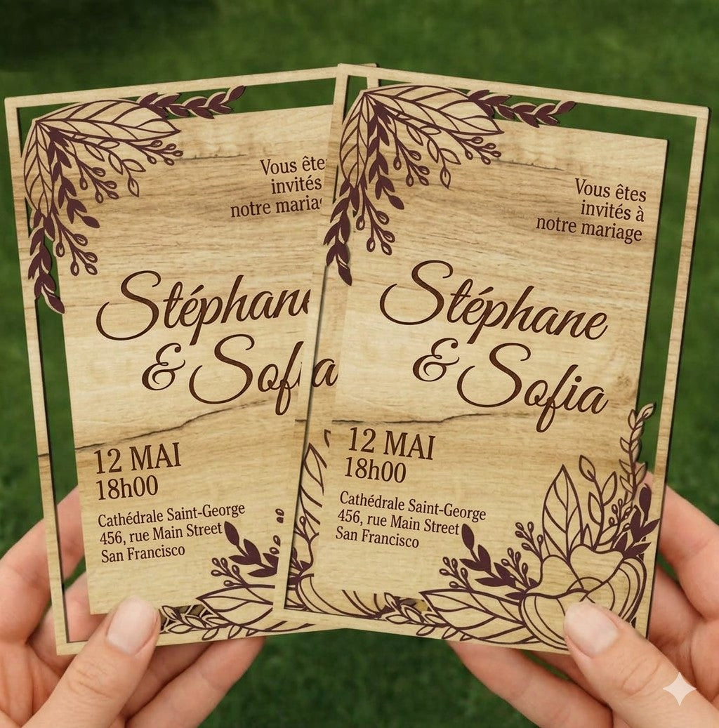 Carte d'invitation mariage gravée sur bois | L'Atelier Gravure Nice