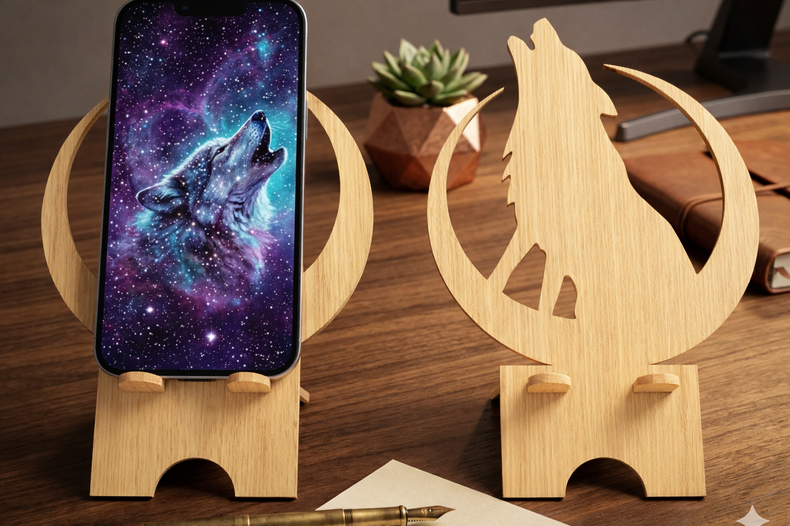 Support téléphone en bois gravé — Loup | L'Atelier Gravure Nice