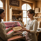Jennifer artisane de l'Atelier de Gravure Nice accueillant une cliente pour graver son produit personnel