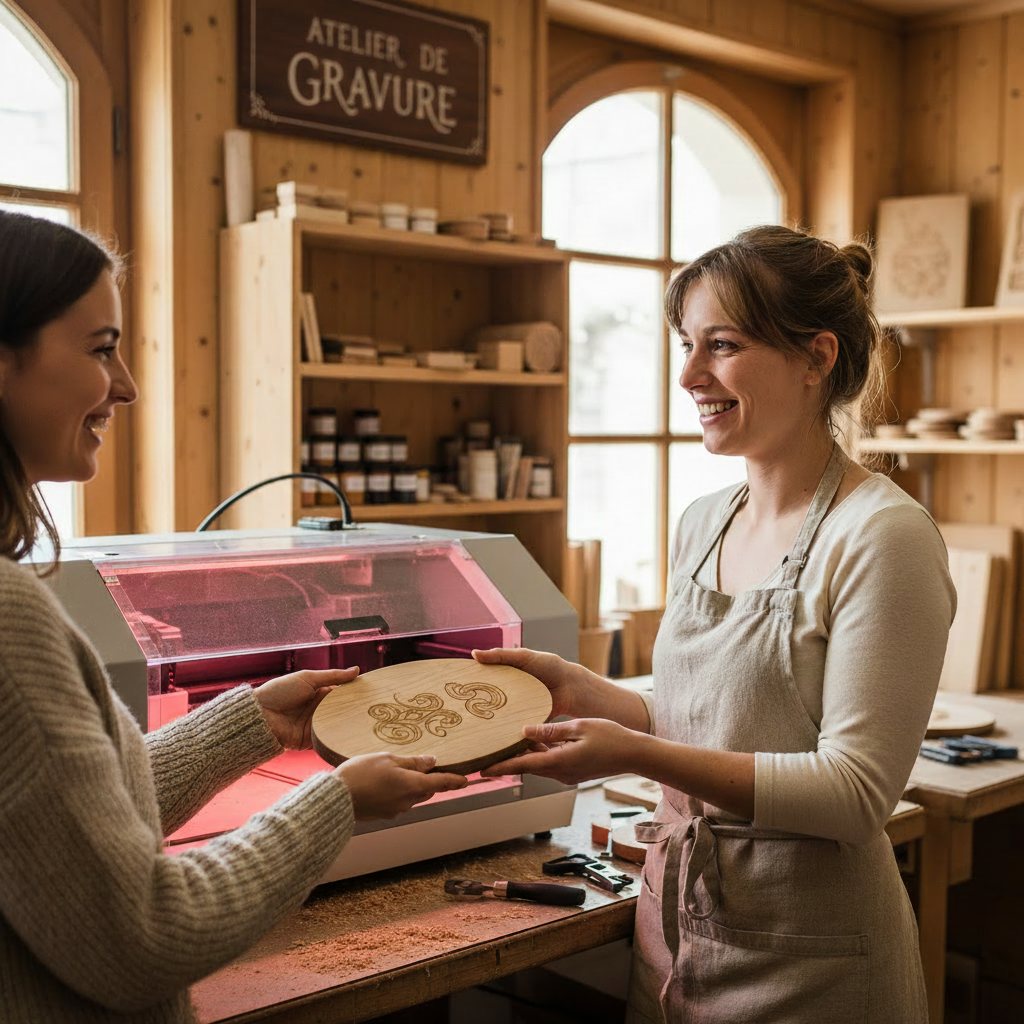 Jennifer artisane de l'Atelier de Gravure Nice accueillant une cliente pour graver son produit personnel